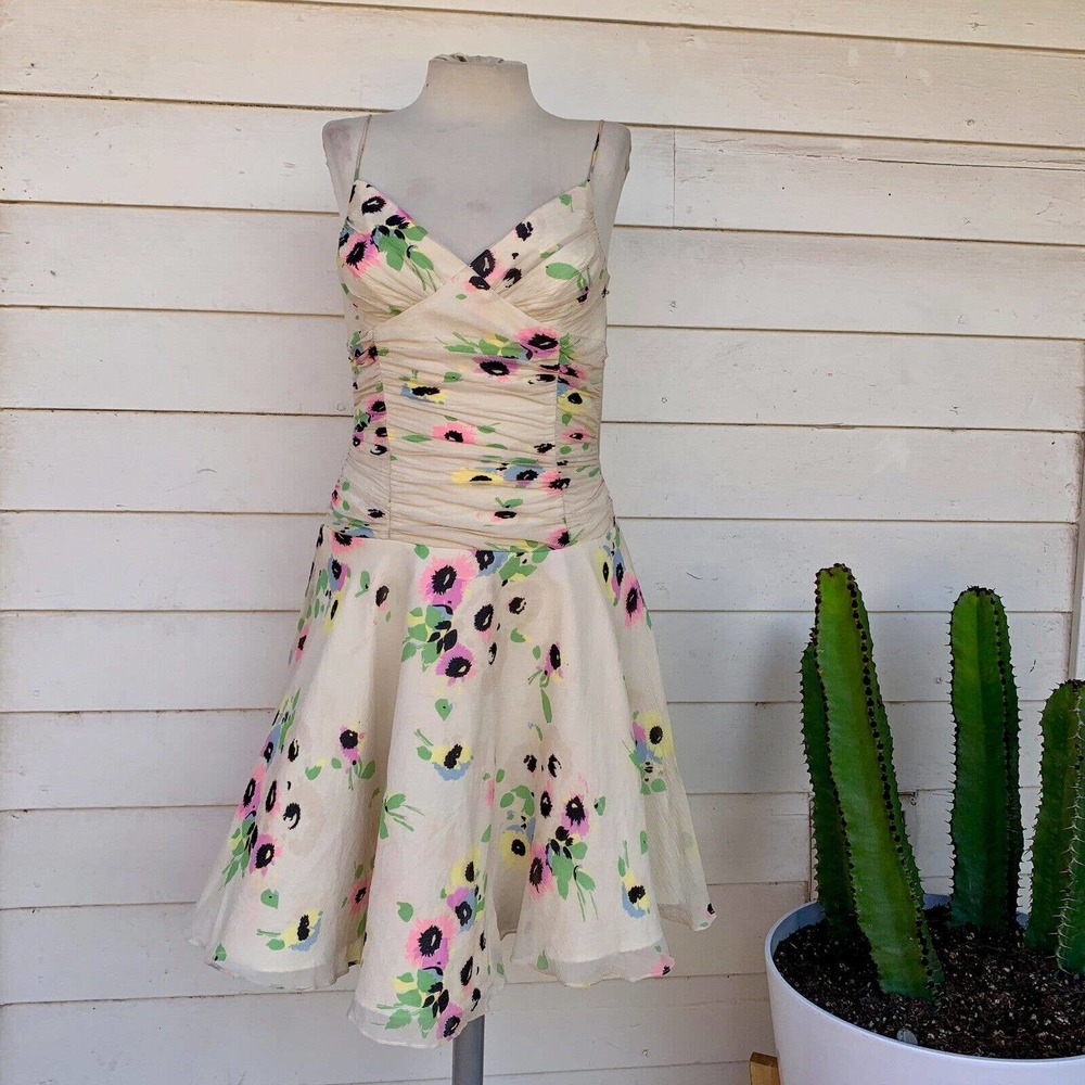 Betsey Johnson Cream Floral Midi Dress with Pink & Green Accents